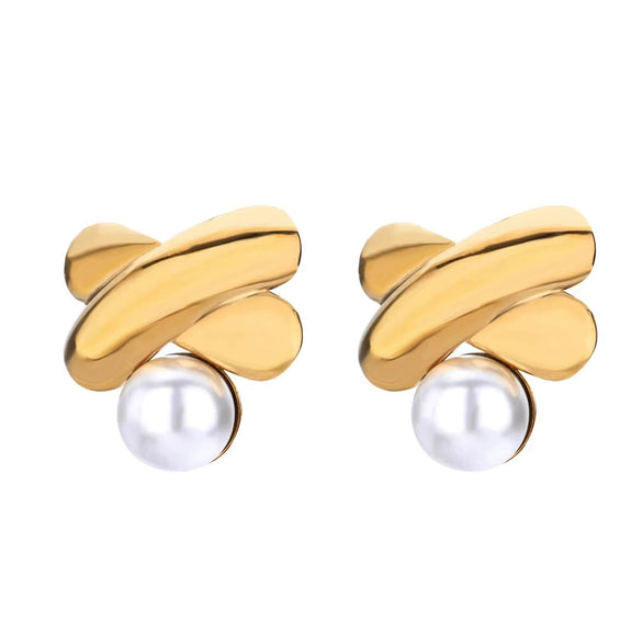 Wholesale Women's Elegant French Imitation Pearl Stainless Steel Earrings With Round Beads Square Love Bow Tie Design And Electroplating Treatment