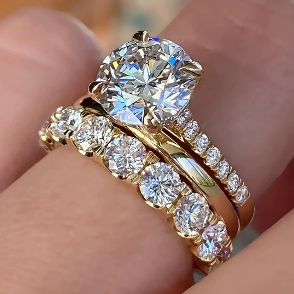Wholesale Women's Elegant Geometric Copper Ring Threepiece Set With Zirconia