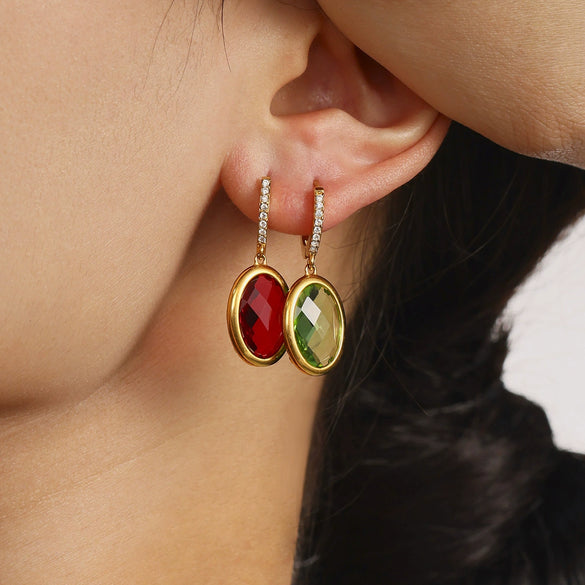 Wholesale Women's Elegant Geometric Multifaceted Oval Czech Glass And 316L Stainless Steel Electroplated Earrings