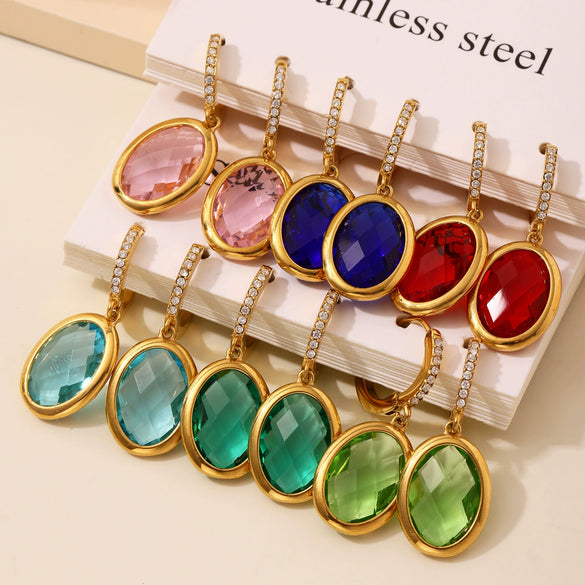 Wholesale Women's Elegant Geometric Multifaceted Oval Czech Glass And 316L Stainless Steel Electroplated Earrings