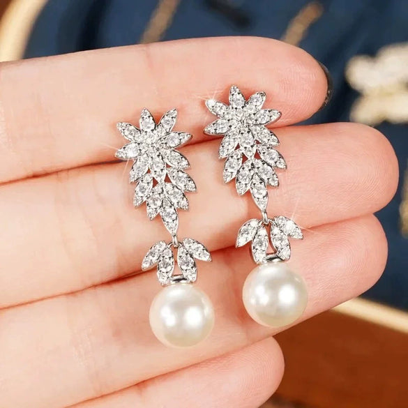 Wholesale Women's Elegant Geometric Plant Flowers Imitation Pearl Copper Electroplated Wedding Dress Earrings