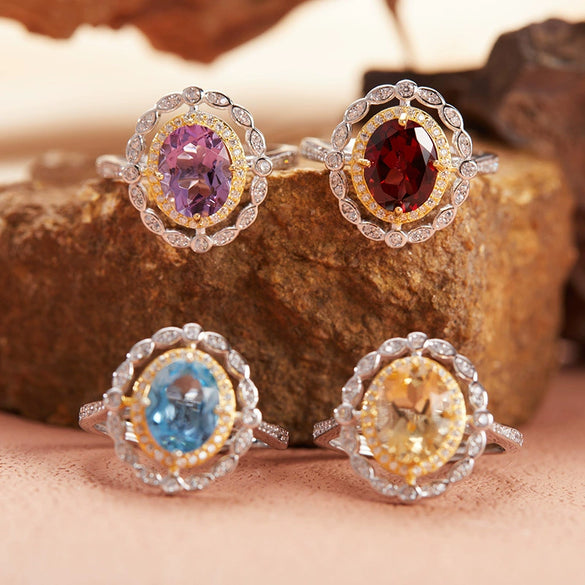 Wholesale Women's Elegant Geometric S925 Sterling Silver Ring Set With Natural Color Treasure Topaz And Crystal