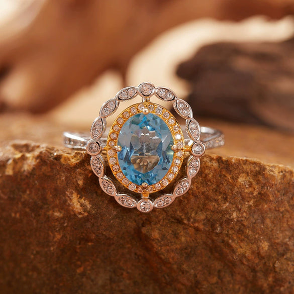 Wholesale Women's Elegant Geometric S925 Sterling Silver Ring Set With Natural Color Treasure Topaz And Crystal