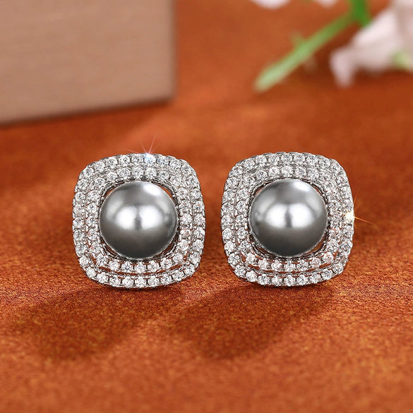 Wholesale Women's Elegant Geometric Square Fat Round Imitation Pearl Electroplated Zirconia Earrings Copper