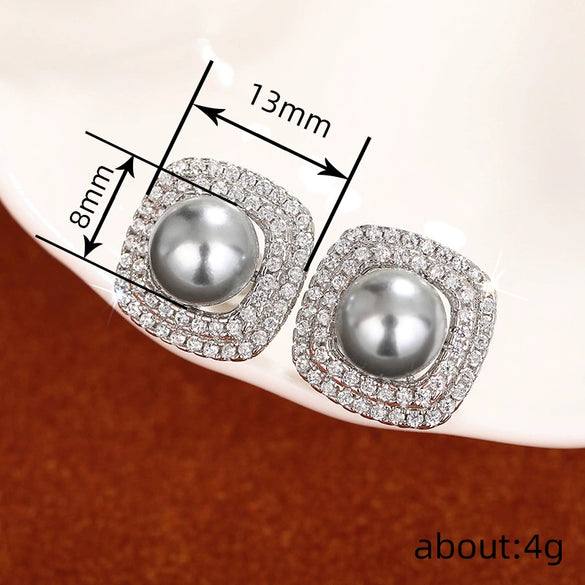 Wholesale Women's Elegant Geometric Square Fat Round Imitation Pearl Electroplated Zirconia Earrings Copper