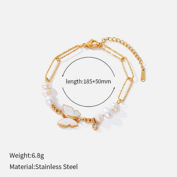 Wholesale Women's Elegant Goldplated Stainless Steel Butterfly Pearl Bracelet With Insect Pattern