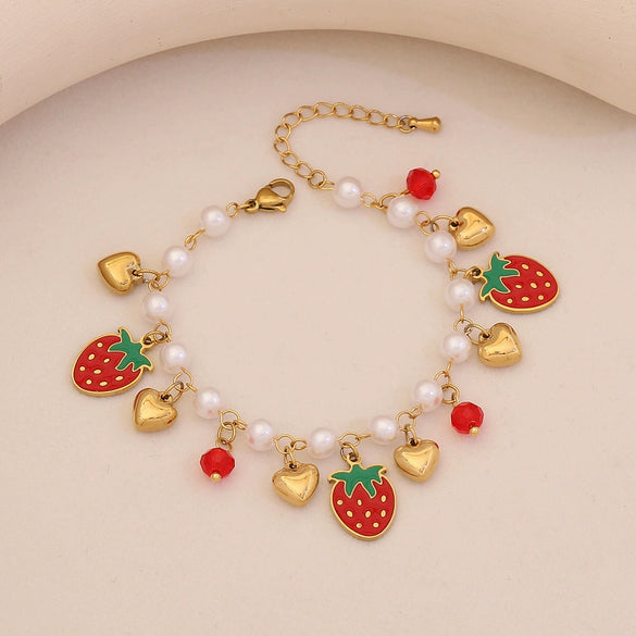 Wholesale Women's Elegant Imitation Pearl Fruit Shaped Stainless Steel Electroplated Bracelet