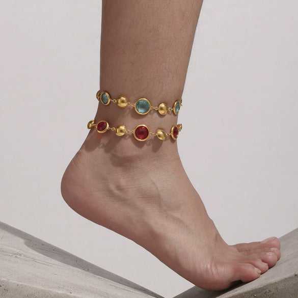 Wholesale Women's Elegant Luxury Stainless Steel And Crystal Glass Geometric Splicing Anklet Jewelry