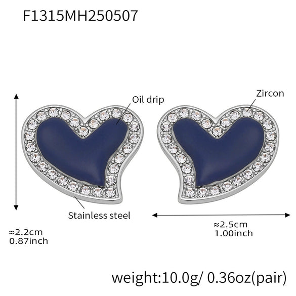 Wholesale Women's Elegant Luxury Stainless Steel 18K Gold Plated Heart Shaped Geometric Pattern Zircon Rhine Blue Diamond Earrings With Electroplating
