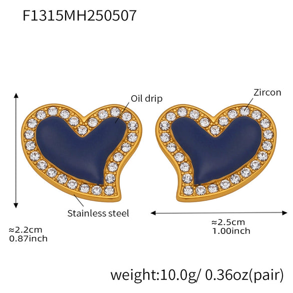Wholesale Women's Elegant Luxury Stainless Steel 18K Gold Plated Heart Shaped Geometric Pattern Zircon Rhine Blue Diamond Earrings With Electroplating
