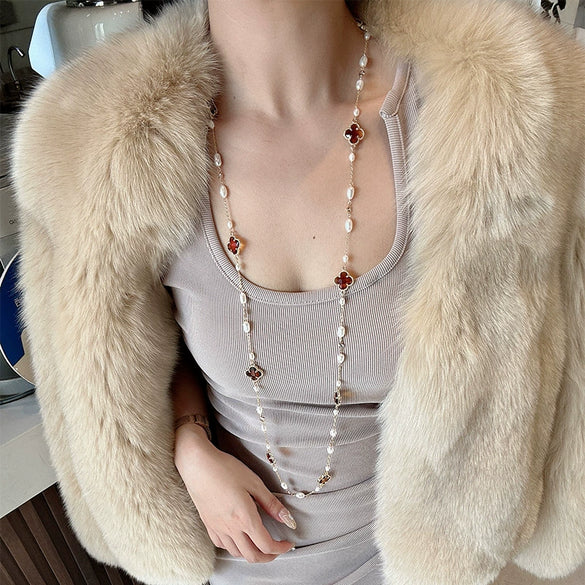 Wholesale Women's Elegant Natural Pearl Bamboo Chain Geometric Style Sweater Chain Necklace 18K Real Gold Electroplated