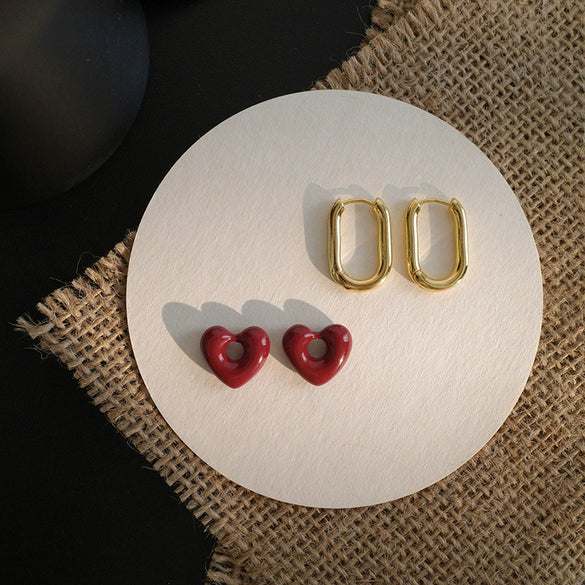 Wholesale Women's Elegant Red Heart Earrings Copper 14K Gold Plated