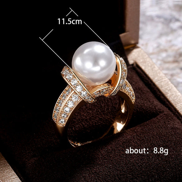 Wholesale Women's Elegant Temperament Geometric Zircon Pearl Goldplated Copper Ring Jewelry