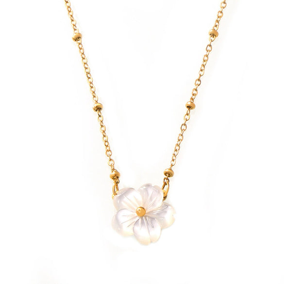 Wholesale Women's Elegant Titanium Steel Necklace With Peach Blossom Flower And Geometric Pattern 18K Gold Plated Clip Bead Chain