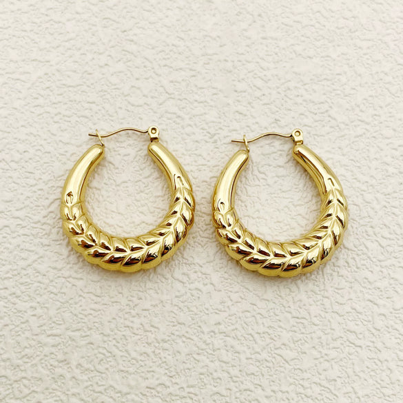 Wholesale Women's Elegant Wheat Ear Hoop Earrings Stainless Steel 18K Goldplated Geometric Ushaped Plants And Flowers Style