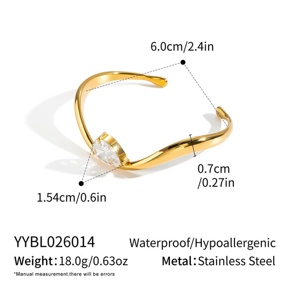 Wholesale Women's Elegant White Zircon Wave Open Bracelet In 18K Gold Plated Stainless Steel With Modern Geometric Style