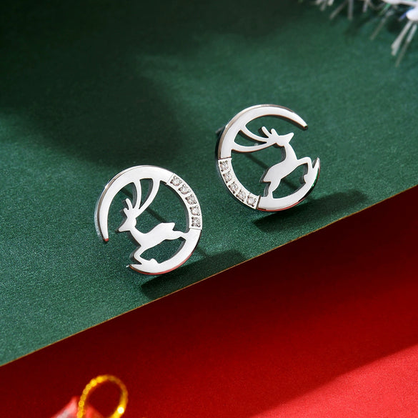 Wholesale Women's Elk Pattern Inlaid Zircon Stainless Steel Necklace And Earrings Set Highend Casual Design