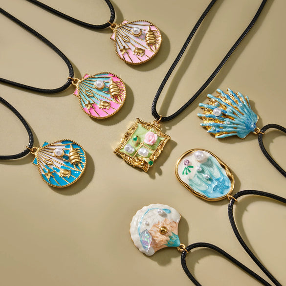 Wholesale Women's Enamel Floral Pearl Shell Pendant Necklace With Leather Cord Clavicle Chain Set Geometric Stainless Steel Electroplated Light Luxury Jewelry