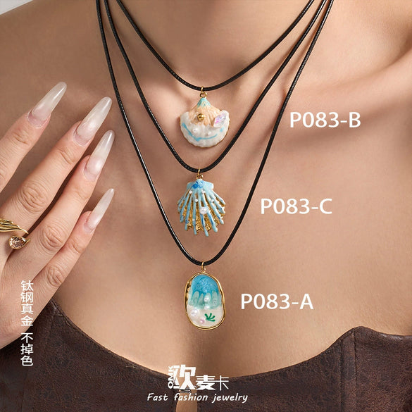 Wholesale Women's Enamel Floral Pearl Shell Pendant Necklace With Leather Cord Clavicle Chain Set Geometric Stainless Steel Electroplated Light Luxury Jewelry