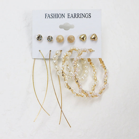 Wholesale Women's Exaggerated Bohemian Tassel Metal Big Circle Earrings Alloy Electroplated 6 Pairs Set