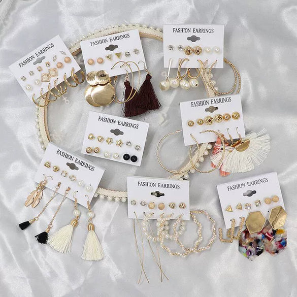 Wholesale Women's Exaggerated Bohemian Tassel Metal Big Circle Earrings Alloy Electroplated 6 Pairs Set