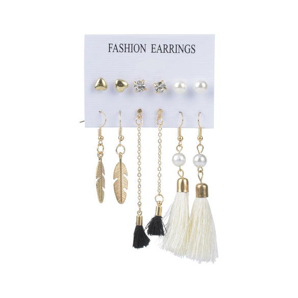 Wholesale Women's Exaggerated Bohemian Tassel Metal Big Circle Earrings Alloy Electroplated 6 Pairs Set