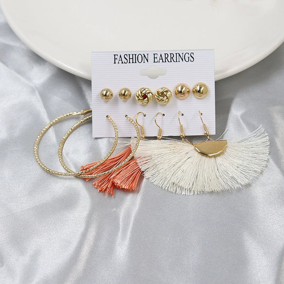 Wholesale Women's Exaggerated Bohemian Tassel Metal Big Circle Earrings Alloy Electroplated 6 Pairs Set