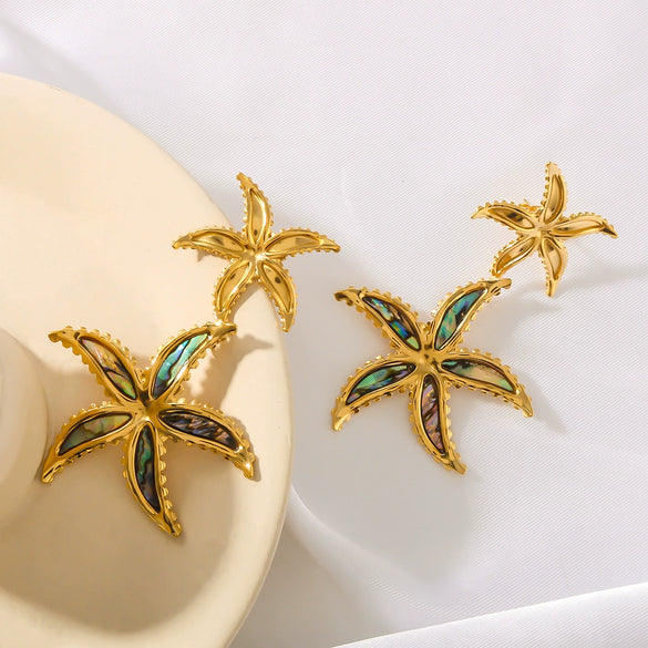 Wholesale Women's Exaggerated Double Starfish Design Stainless Steel Earrings With 18K Vacuum Plated In Furnace Marine Wind Jewelry