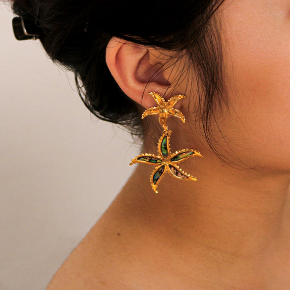 Wholesale Women's Exaggerated Double Starfish Design Stainless Steel Earrings With 18K Vacuum Plated In Furnace Marine Wind Jewelry