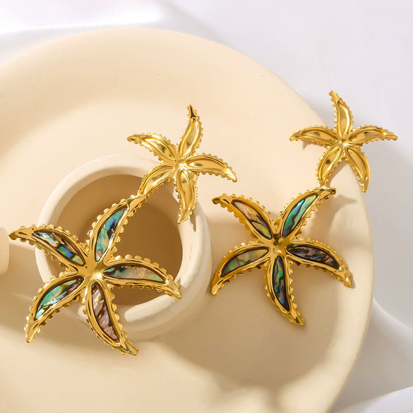 Wholesale Women's Exaggerated Double Starfish Design Stainless Steel Earrings With 18K Vacuum Plated In Furnace Marine Wind Jewelry