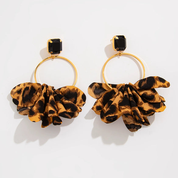 Wholesale Women's Exaggerated Geometric Fabric Iron Acrylic Diamond Earrings With Leopard Print And Wave Dot Print Electroplated