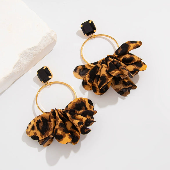 Wholesale Women's Exaggerated Geometric Fabric Iron Acrylic Diamond Earrings With Leopard Print And Wave Dot Print Electroplated