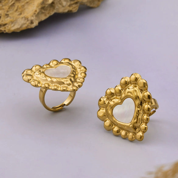 Wholesale Women's Exaggerated Geometric Natural Motherofpearl Heartshaped Stainless Steel 18K Gold Plated Adjustable Ring