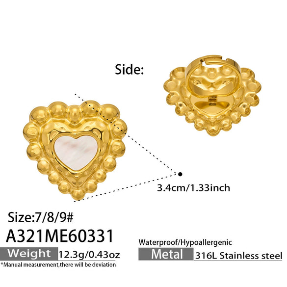 Wholesale Women's Exaggerated Geometric Natural Motherofpearl Heartshaped Stainless Steel 18K Gold Plated Adjustable Ring
