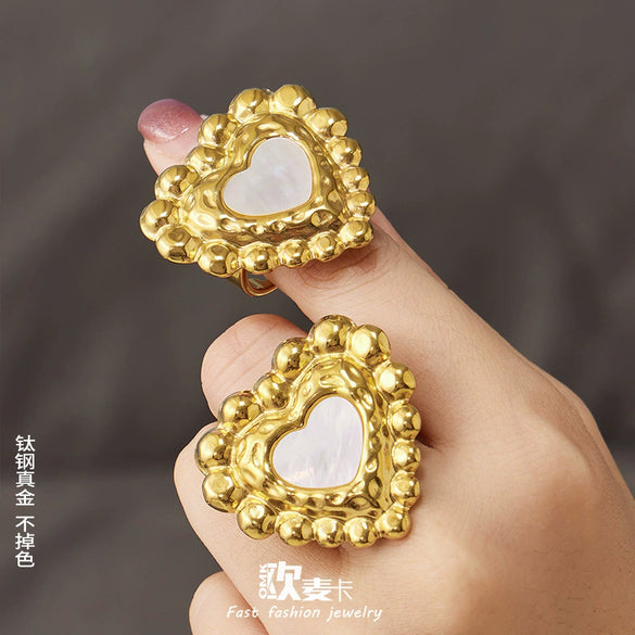 Wholesale Women's Exaggerated Geometric Natural Motherofpearl Heartshaped Stainless Steel 18K Gold Plated Adjustable Ring