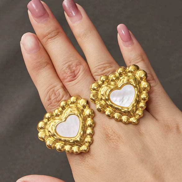 Wholesale Women's Exaggerated Geometric Natural Motherofpearl Heartshaped Stainless Steel 18K Gold Plated Adjustable Ring