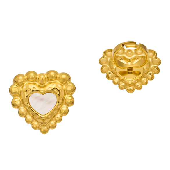Wholesale Women's Exaggerated Geometric Natural Motherofpearl Heartshaped Stainless Steel 18K Gold Plated Adjustable Ring