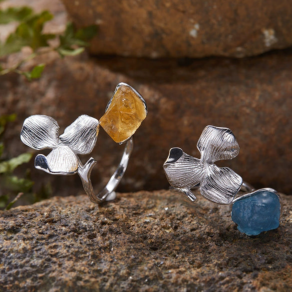 Wholesale Women's Exaggerated Geometric Style S925 Sterling Silver Petal Opening Ring Set With Natural Aquamarine Stone
