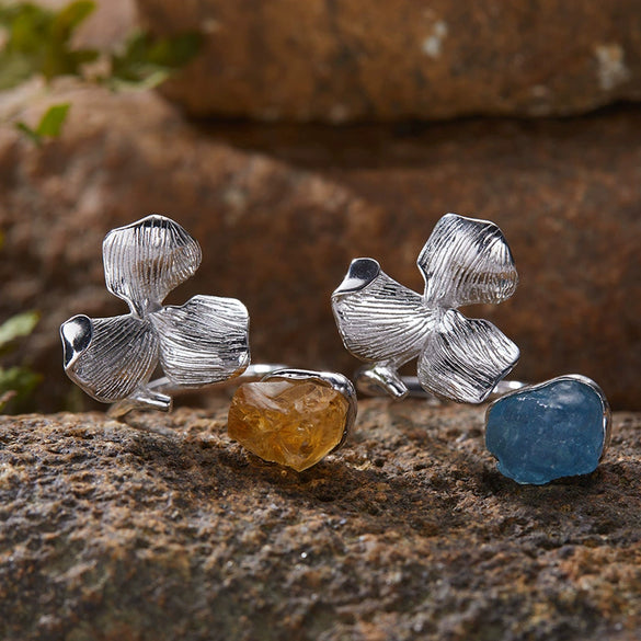 Wholesale Women's Exaggerated Geometric Style S925 Sterling Silver Petal Opening Ring Set With Natural Aquamarine Stone