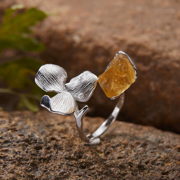 Wholesale Women's Exaggerated Geometric Style S925 Sterling Silver Petal Opening Ring Set With Natural Aquamarine Stone