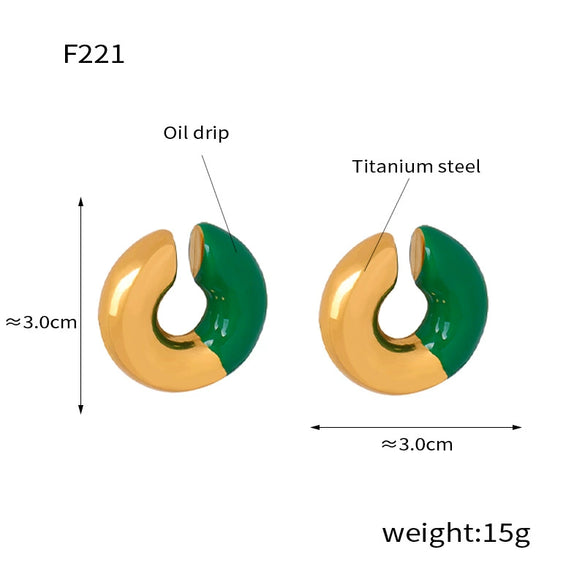 Wholesale Women's Exaggerated Geometric 316L Stainless Steel Gold Plated Ushaped Strip Enamel Oil Drop Earrings Jewelry