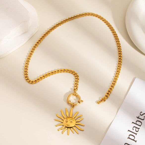 Wholesale Women's Exaggerated Light Luxury Niche Design Sun Pendant Necklace With Cuban Chain And Spring Buckle Titanium Steel Stainless Steel Pvd Furnace Vacuum Real Gold Plating