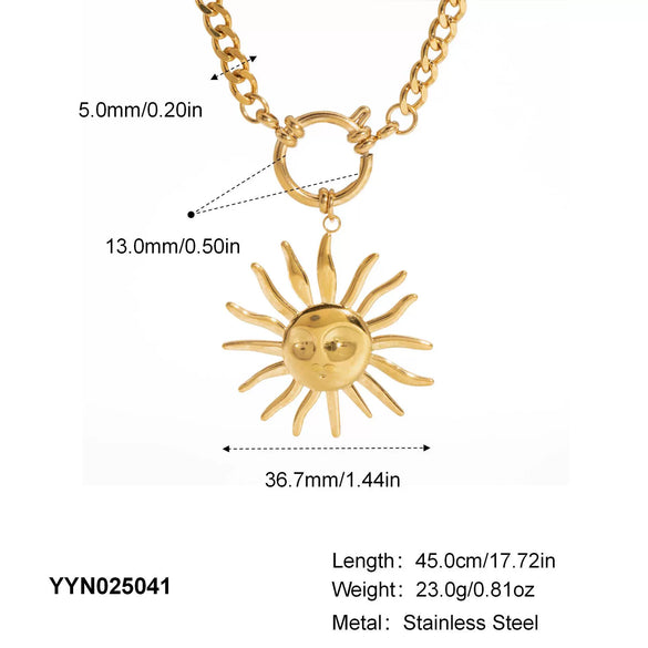 Wholesale Women's Exaggerated Light Luxury Niche Design Sun Pendant Necklace With Cuban Chain And Spring Buckle Titanium Steel Stainless Steel Pvd Furnace Vacuum Real Gold Plating