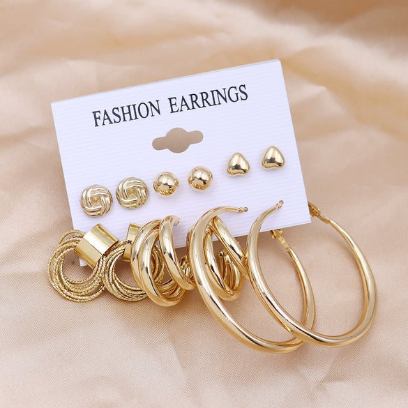 Wholesale Women's Exaggerated Metal Geometric C Shaped Electroplated Alloy Circle Earrings 6 Pair Set