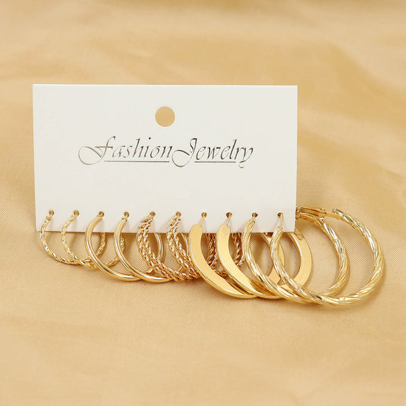Wholesale Women's Exaggerated Metal Geometric C Shaped Electroplated Alloy Circle Earrings 6 Pair Set