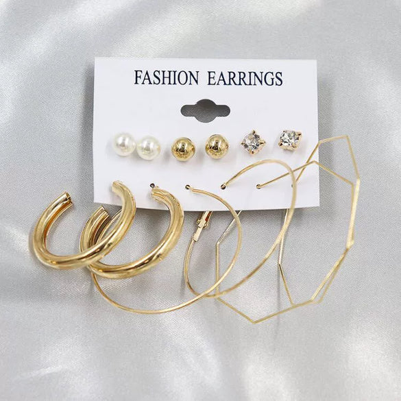 Wholesale Women's Exaggerated Metal Geometric C Shaped Electroplated Alloy Circle Earrings 6 Pair Set