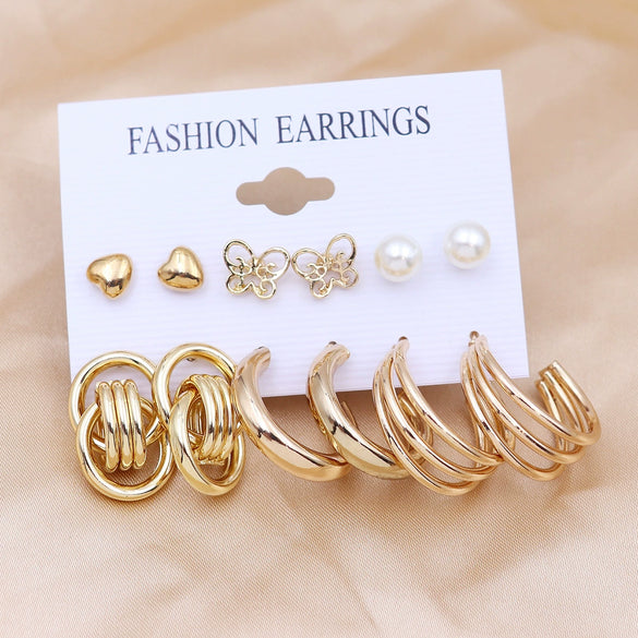 Wholesale Women's Exaggerated Metal Geometric C Shaped Electroplated Alloy Circle Earrings 6 Pair Set
