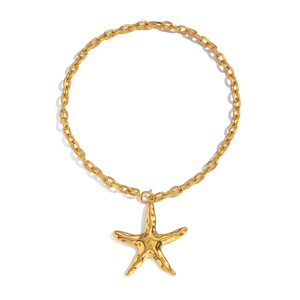 Wholesale Women's Exaggerated Minimalist Ins Style Hammered Star Pendant Necklace With Heavy Chain 18K Real Gold Plated Stainless Steel