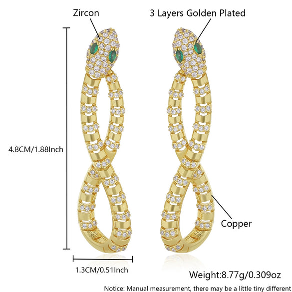 Wholesale Women's Exaggerated Snakeshaped Copper Goldplated Diamond Earrings