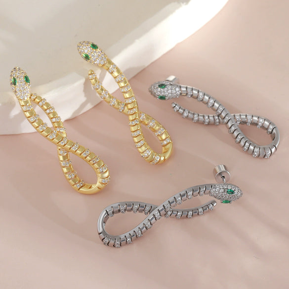 Wholesale Women's Exaggerated Snakeshaped Copper Goldplated Diamond Earrings